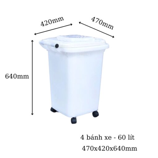 thùng rác 60l 4 bánh xe màu trắng