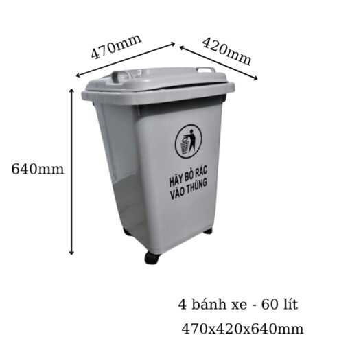 thùng rác 60l 4 bánh xe màu xám