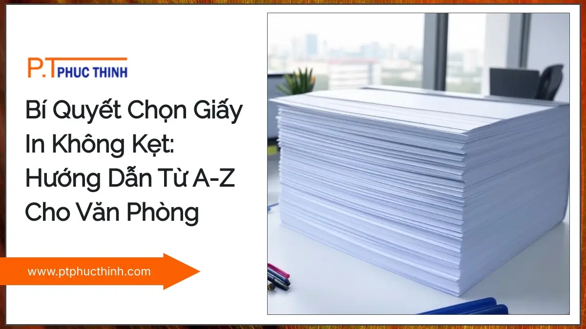 Chồng giấy in A4 chất lượng PT Phúc Thịnh bên cạnh văn phòng phẩm, giúp tránh kẹt giấy và in ấn mượt mà.