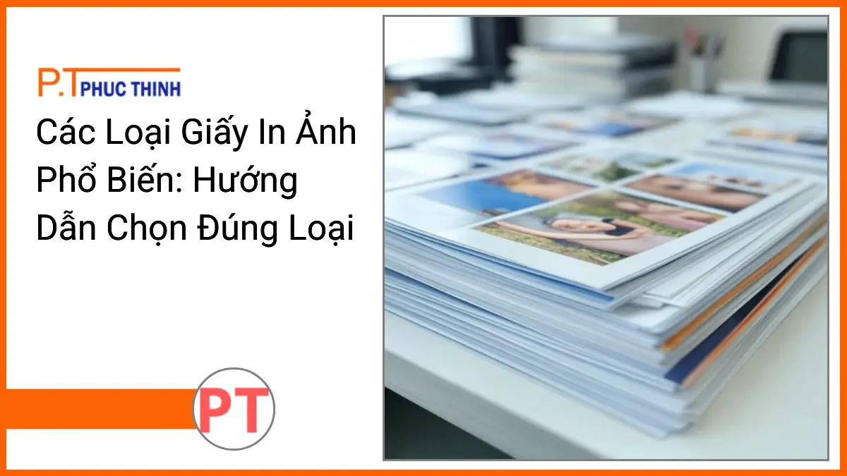 Stack of popular photo printing papers glossy matte satin by PT Phuc Thinh on a modern office desk with printed photos showing sharp colors