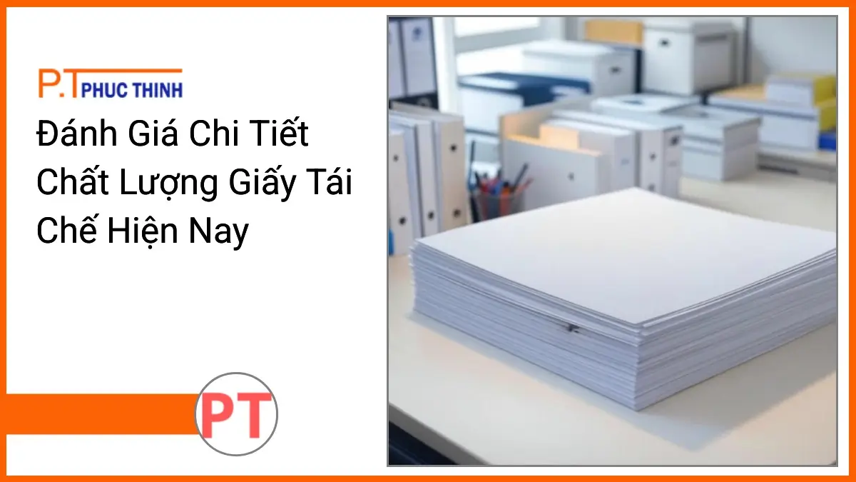 Photorealistic image of recycled paper stack and office stationery on a clean desk illustrating danh gia chi tiet chat luong giay tai che hien nay with PT Phuc Thinh branding.