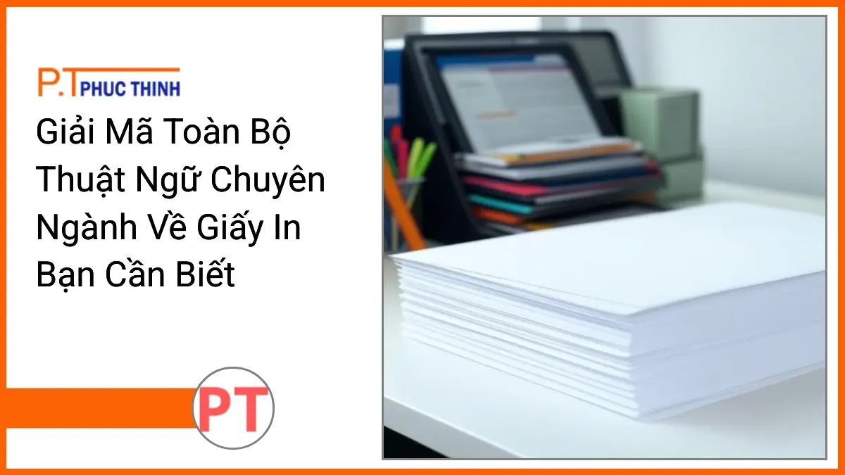 Photorealistic image of white A4 printing paper stack and office stationery from PT Phuc Thinh illustrating expert paper terms for printing