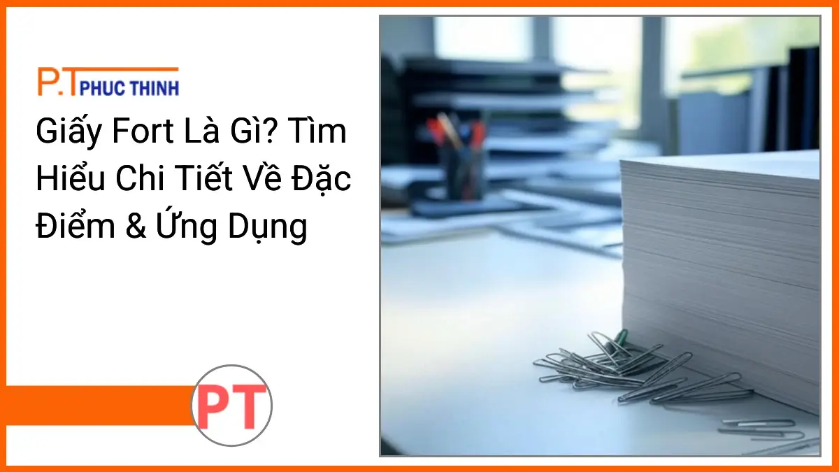 Chồng giấy Fort trắng sáng PT Phúc Thịnh trên bàn văn phòng hiện đại cùng văn phòng phẩm gọn gàng