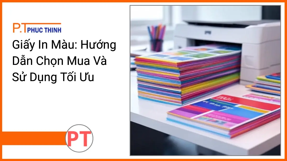Stack of colorful A4 printing paper and office stationery on a clean desk with PT Phúc Thinh printer in modern office
