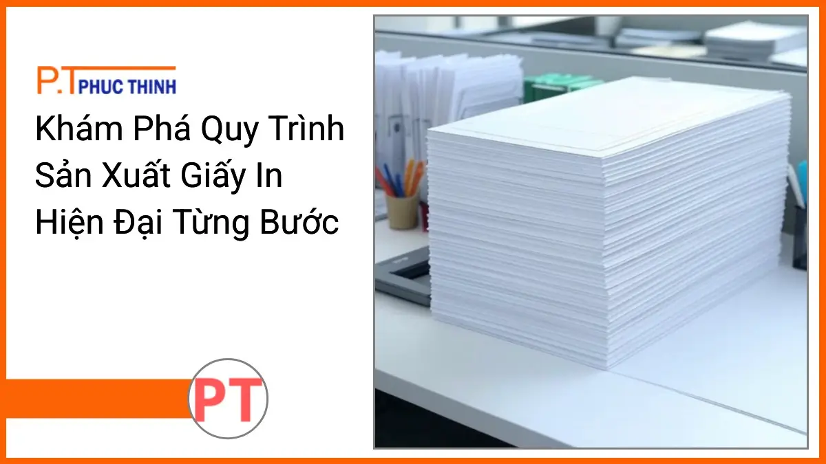 Chong giay in va van phong pham PT Phuc Thinh tren ban lam viec hien dai hien thi quy trinh san xuat giay in hien dai tung buoc
