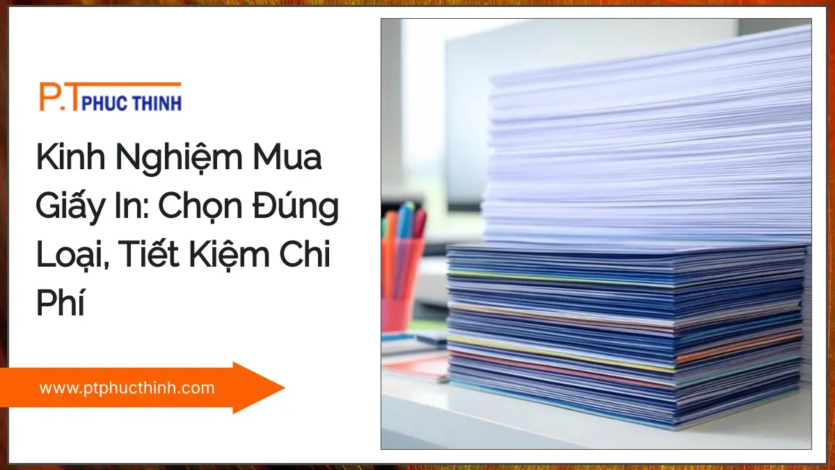 Chồng giấy in A4 chất lượng cao PT Phúc Thịnh cùng bộ văn phòng phẩm đa dạng trên bàn làm việc gọn gàng.