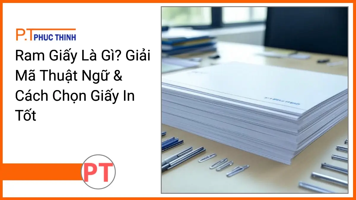 Chồng ram giấy A4 PT Phúc Thịnh trên bàn làm việc văn phòng hiện đại, thể hiện cách chọn giấy in tốt và ứng dụng trong in ấn.