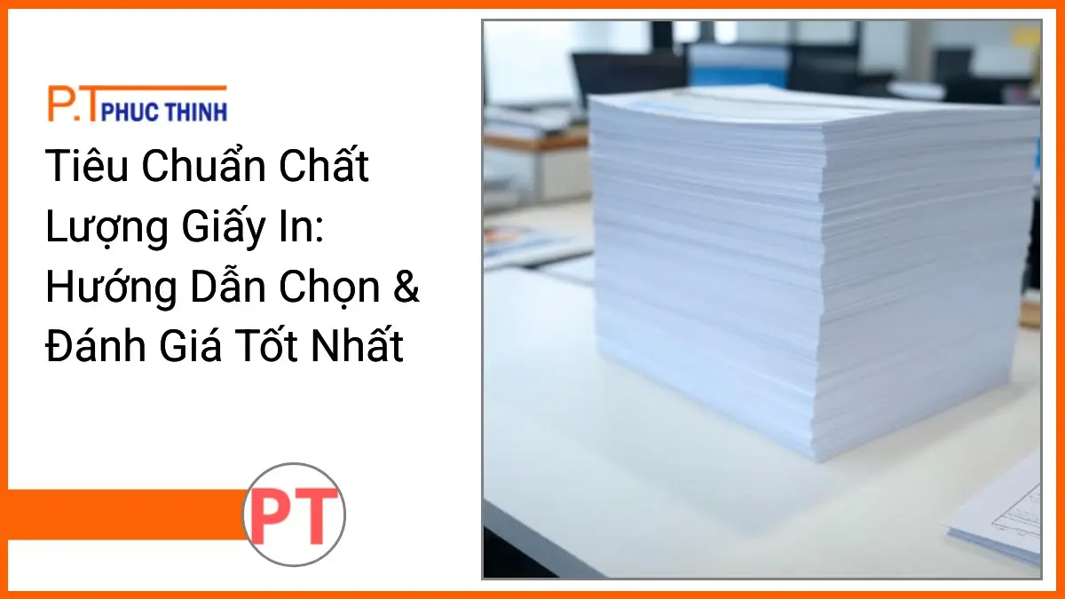 Stack of A4 printing paper and office stationery from PT Phúc Thịnh on a modern desk illustrating quality printing paper standards.
