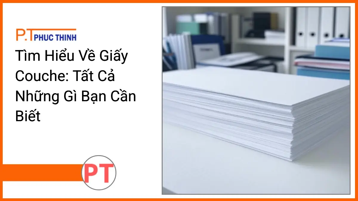 Stack of high quality couche paper with PT Phuc Thinh office stationery on a clean modern desk reflecting the article tim hieu ve giay couche tat ca nhung gi ban can biet