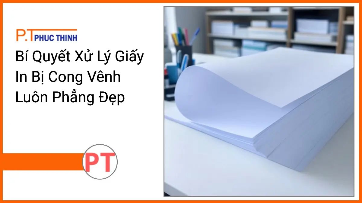 Stack of A4 printing paper slightly curled on a tidy desk with office stationery from PT Phúc Thinh illustrating bi quyet xu ly giay in bi cong venh luon phang dep
