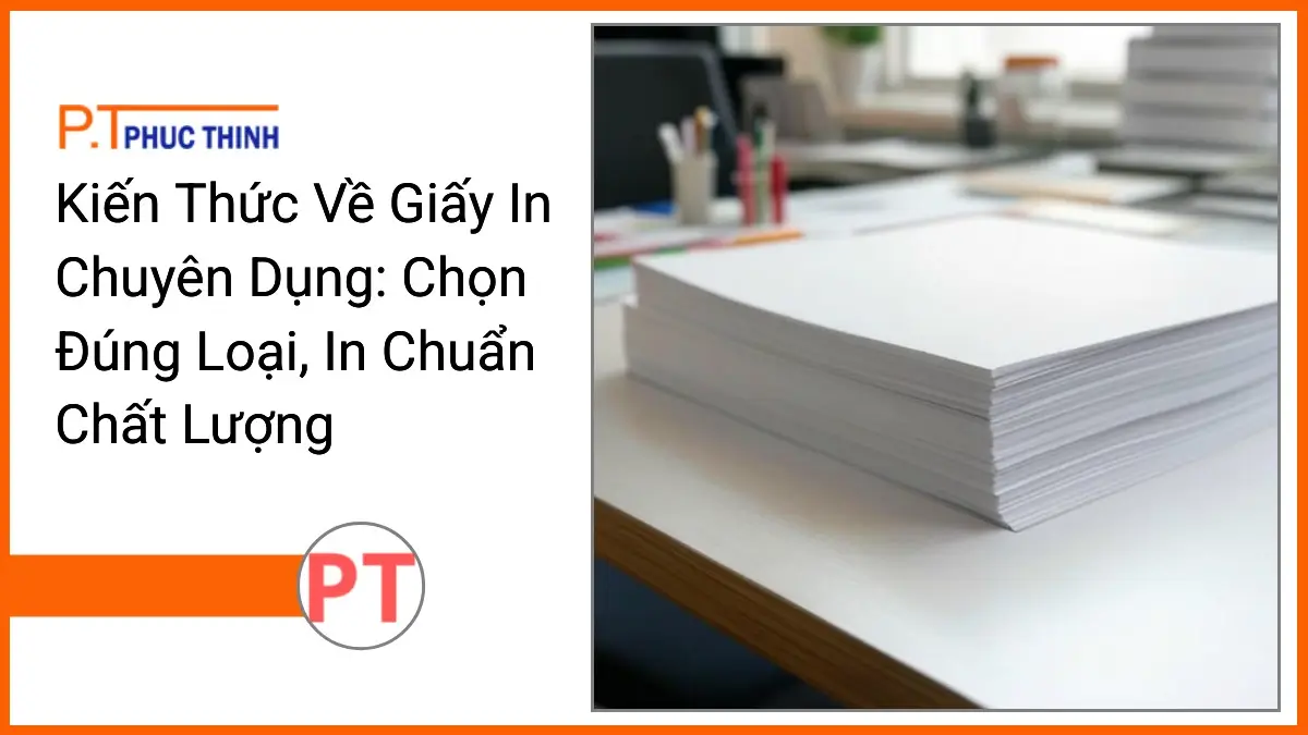 Chồng giấy in A4 trắng sáng PT Phúc Thịnh trên bàn làm việc hiện đại, thể hiện kiến thức về giấy in chuyên dụng chọn đúng loại in chuẩn chất lượng.