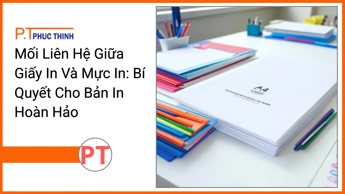 Chồng giấy in A4 trắng sáng và văn phòng phẩm PT Phúc Thịnh trên bàn làm việc hiện đại cho bản in sắc nét bền đẹp