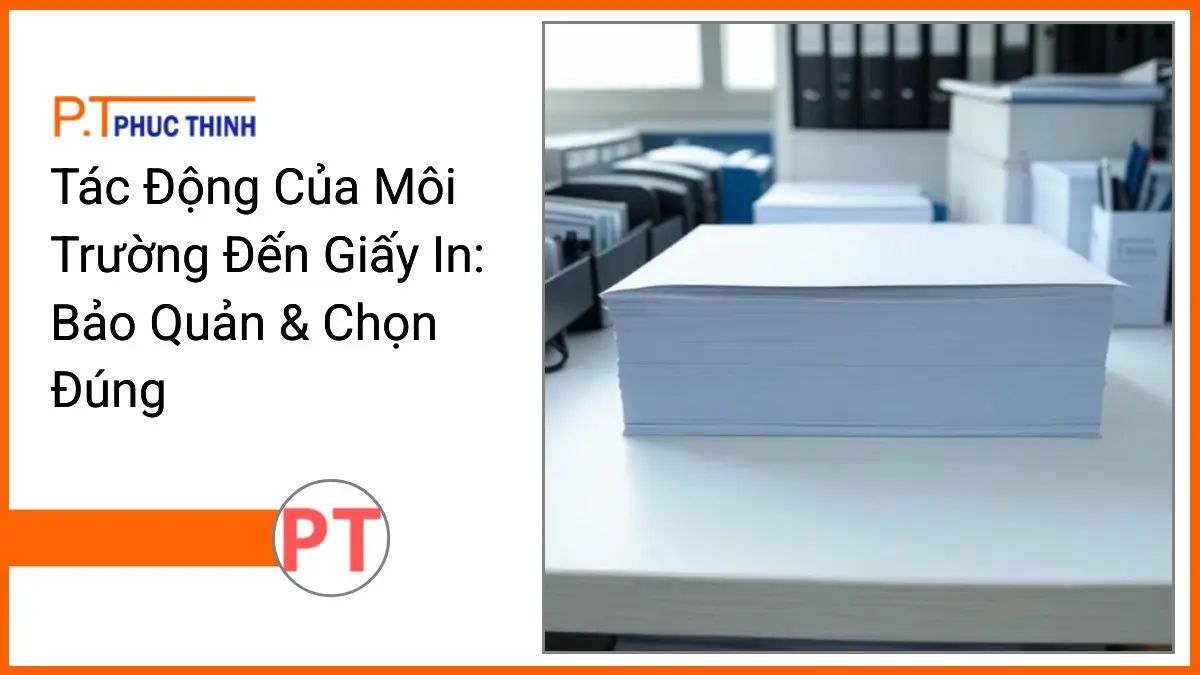 Chồng giấy in A4 trắng sáng trên bàn làm việc gọn gàng với văn phòng phẩm PT Phúc Thịnh, thể hiện tác động của môi trường đến giấy in.