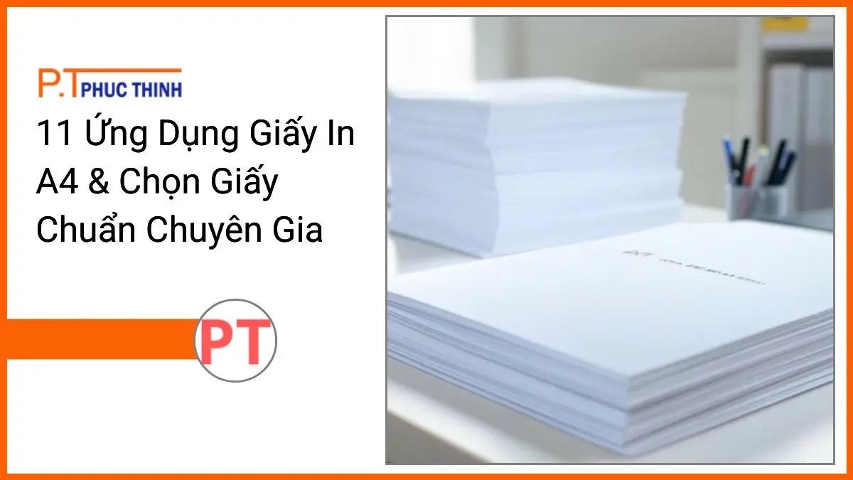 Chồng giấy in A4 trắng sáng và văn phòng phẩm chuyên nghiệp PT Phúc Thịnh trên bàn làm việc hiện đại, ứng dụng hiệu quả trong công việc.