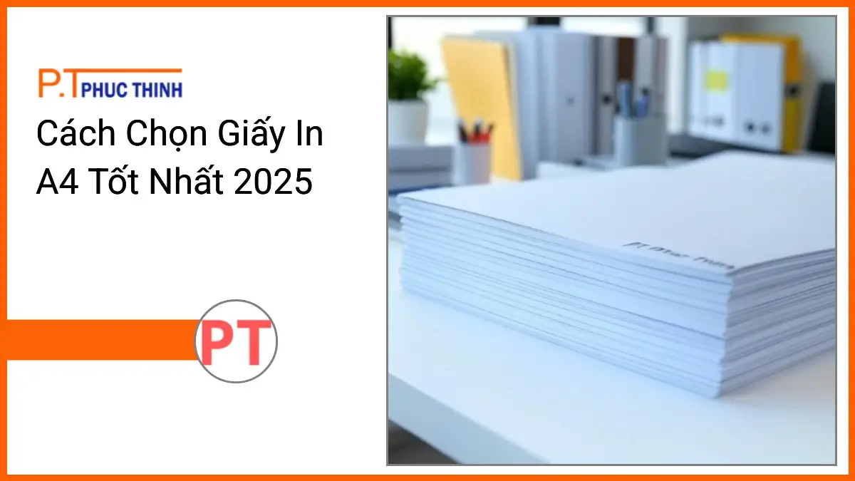 Chồng giấy in A4 trắng sáng PT Phúc Thịnh trên bàn làm việc chuyên nghiệp thể hiện cách chọn giấy in A4 tốt nhất 2025
