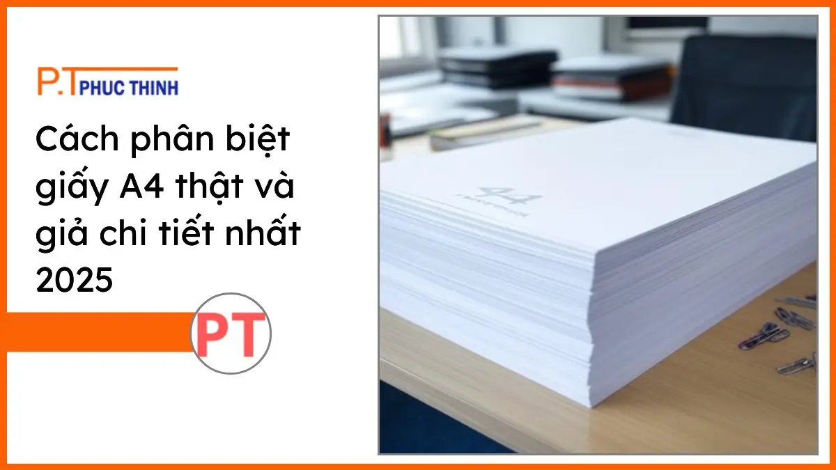Chồng giấy A4 thật và giả chi tiết nhất 2025 của PT Phúc Thịnh trên bàn làm việc văn phòng hiện đại