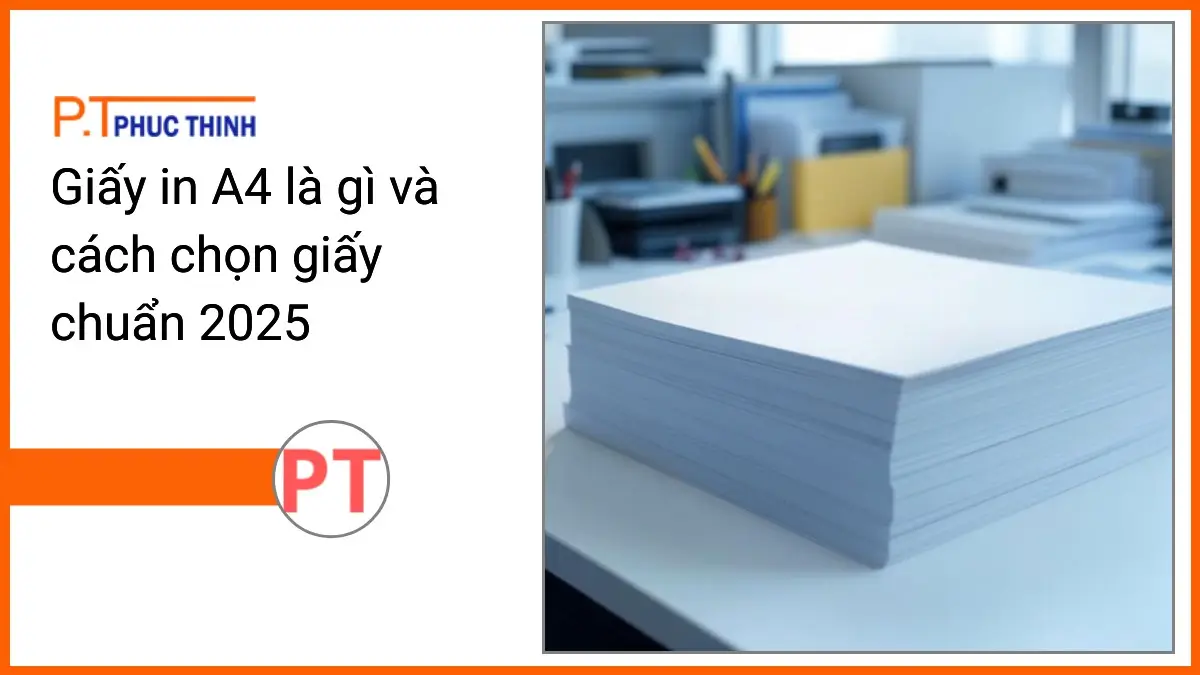 Chồng giấy in A4 PT Phúc Thịnh trắng sáng trên bàn làm việc văn phòng hiện đại, thể hiện giấy in chất lượng cao.