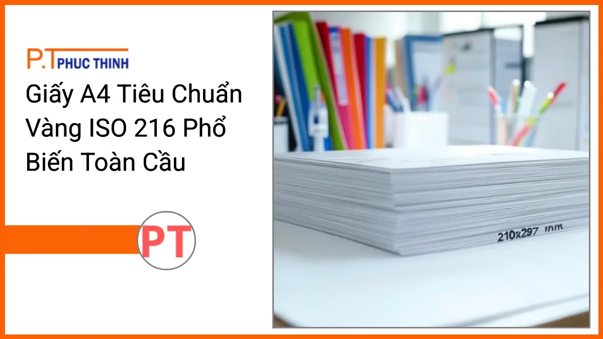 Chồng giấy A4 trắng PT Phúc Thịnh trên bàn làm việc hiện đại, thể hiện tiêu chuẩn vàng ISO 216 giấy A4 phổ biến toàn cầu