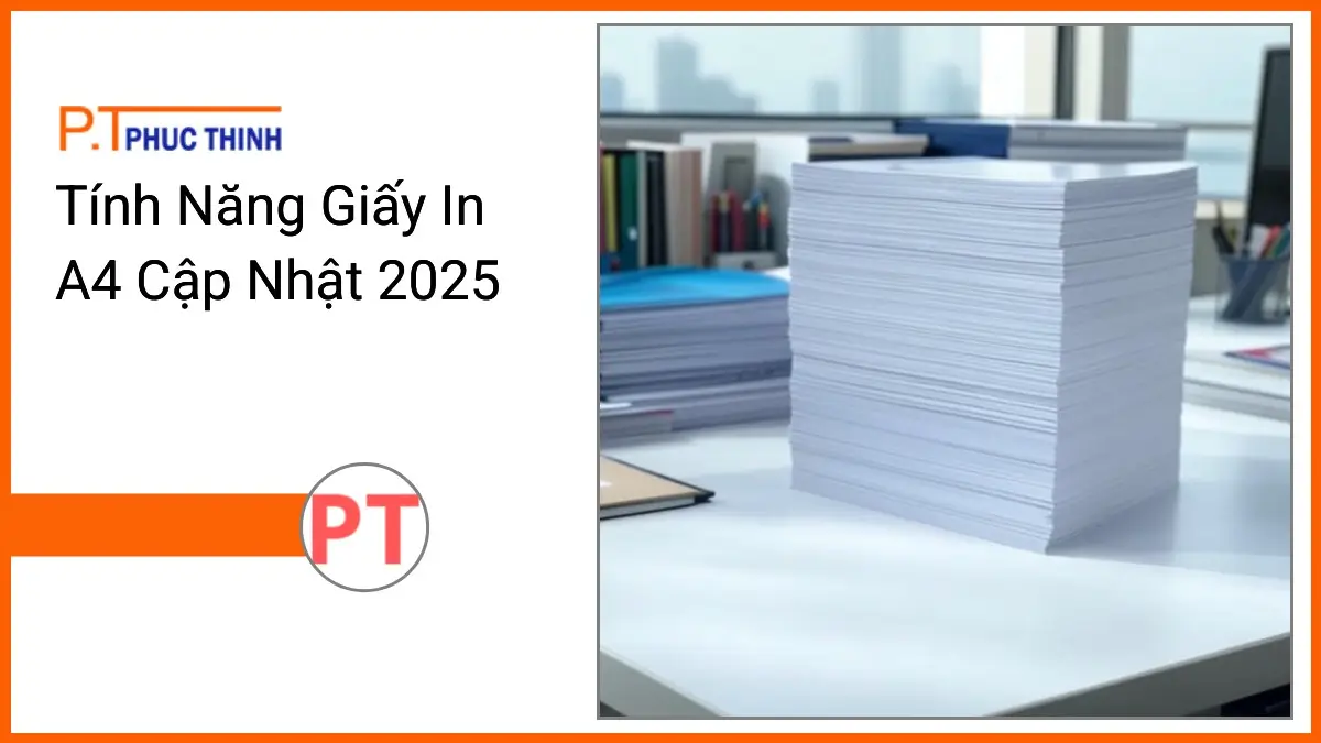 Chồng giấy in A4 trắng sáng của PT Phúc Thịnh trên bàn làm việc văn phòng gọn gàng chuyên nghiệp