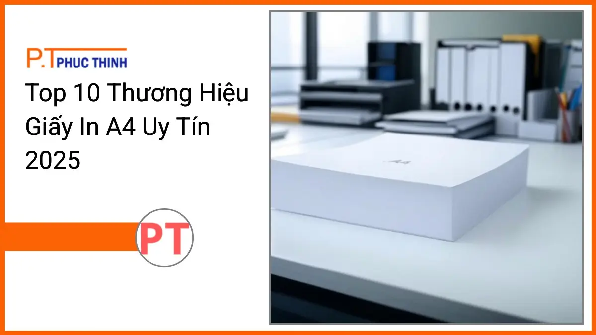Chồng giấy in A4 PT Phúc Thịnh trên bàn làm việc văn phòng hiện đại, thể hiện chất lượng và uy tín 2025.