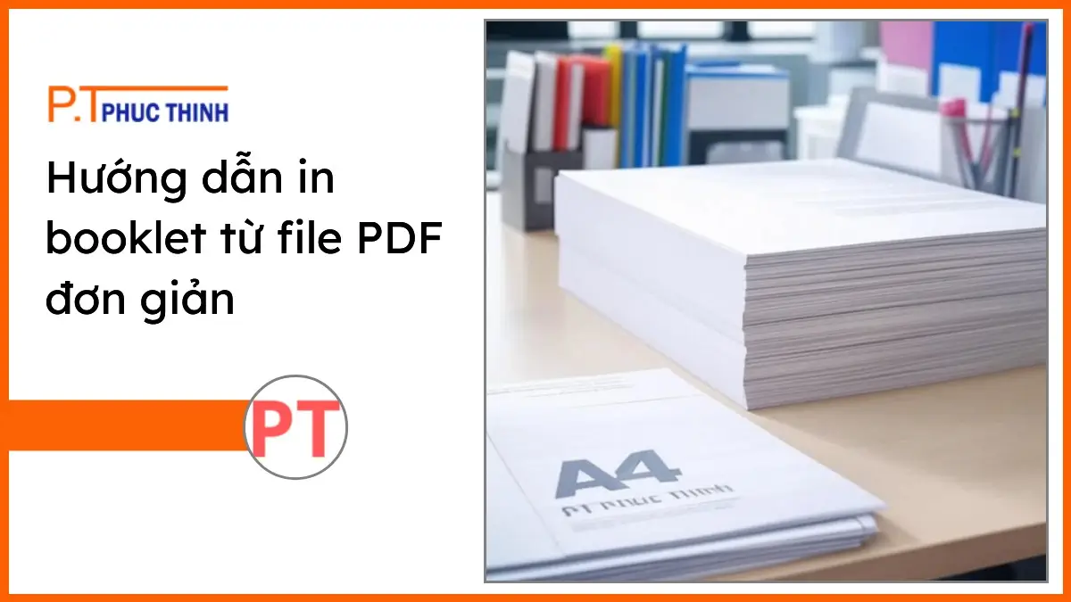 Chồng giấy in A4 và bộ văn phòng phẩm PT Phúc Thịnh trên bàn làm việc gọn gàng hướng dẫn in booklet từ file PDF
