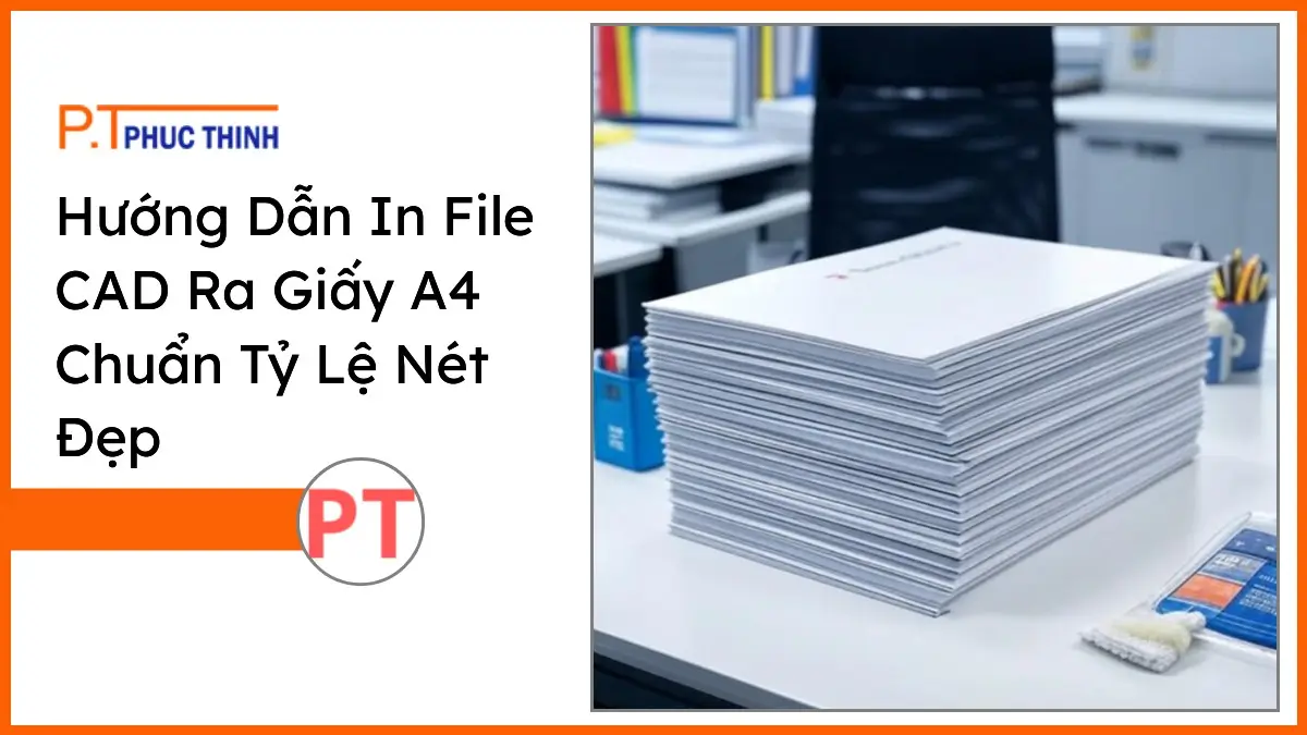Chồng giấy in A4 và bộ văn phòng phẩm PT Phúc Thịnh gọn gàng trên bàn làm việc, chuẩn tỷ lệ in file CAD sắc nét.