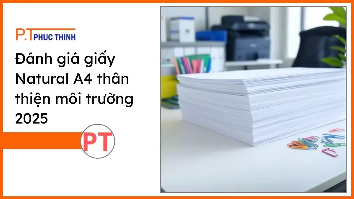 Chồng giấy Natural A4 thân thiện môi trường trên bàn làm việc, văn phòng phẩm PT Phúc Thịnh chuyên nghiệp.